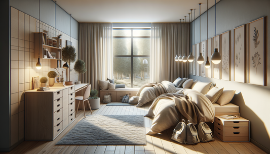 bright minimalist dorm room with cozy bedding, smart storage, and soft natural lighting