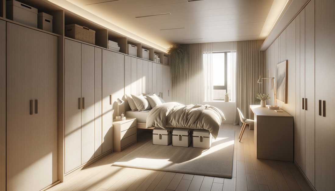 bright dorm room with cozy bedding, storage trunks, and modern chair in soft natural light