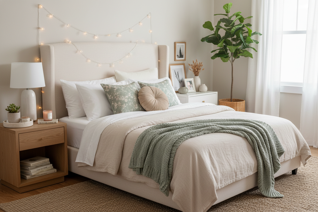 Cozy neutral room with string lights, plants, and layered bedding for aesthetic bedroom decor ideas