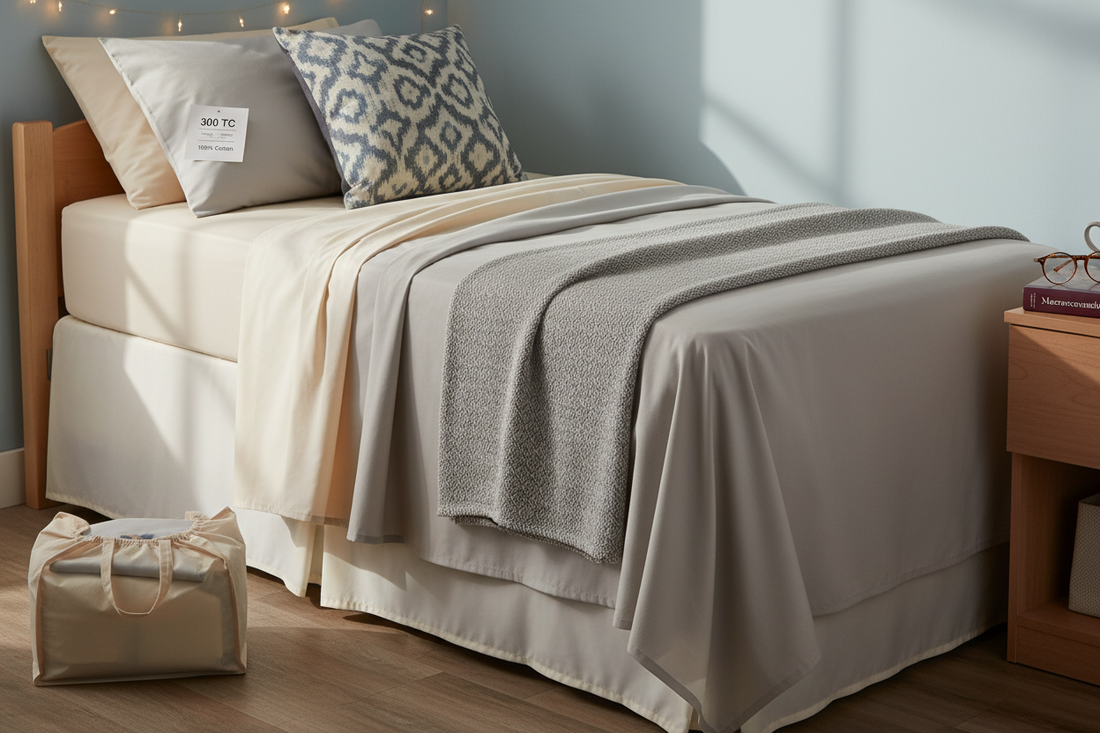 Dorm bed setup with soft sheets and a 300 thread count label shows how to choose thread count for comfort