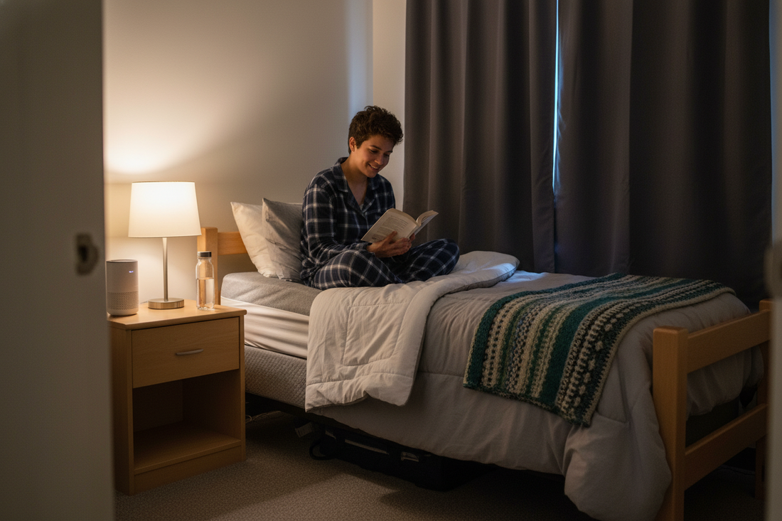 Cozy dorm room setup with soft lighting and bedtime reading to help sleep better in dorm