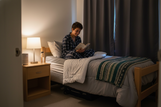Cozy dorm room setup with soft lighting and bedtime reading to help sleep better in dorm