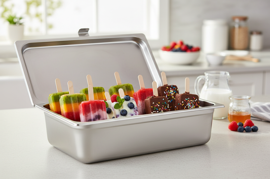 Homemade popsicles and ice cream bars stored in a stainless steel ice cream tray for fresh dessert ideas