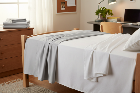 Microfiber vs cotton sheets comparison in a tidy dorm room for affordable and comfortable student bedding choices