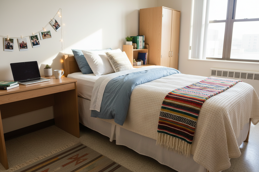 Cozy dorm room upgrade with colorful bedding, organized desk, and personal decor for a stylish study space