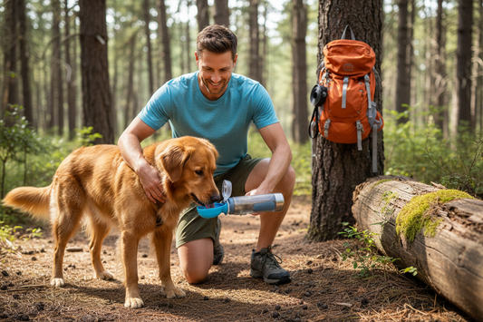 Dog owner using a portable dog water bottle guide to keep pet hydrated during a forest hike