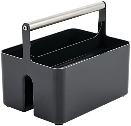 mDesign Plastic Shower Caddy Storage Organizer Utility Tote, Divided Basket Bin - Metal Handle for Bathroom, Dorm, Kitchen, Holds Soap, Shampoo, Conditioner - Aura Collection - Black/Brushed Chrome