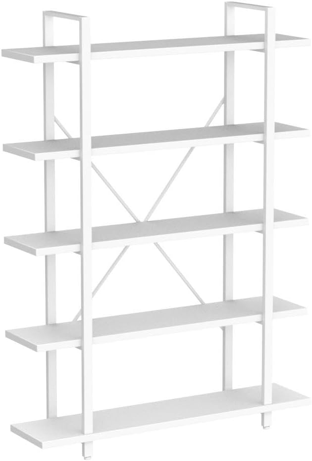 HSH 5 Tier Tall White Bookshelf, Metal and Wood Storage Book Shelves for Bedroom Living Room Office, Modern Large White Bookcases and Bookshelves 5 Shelf, Farmhouse Open Vertical Display Book Shelf
