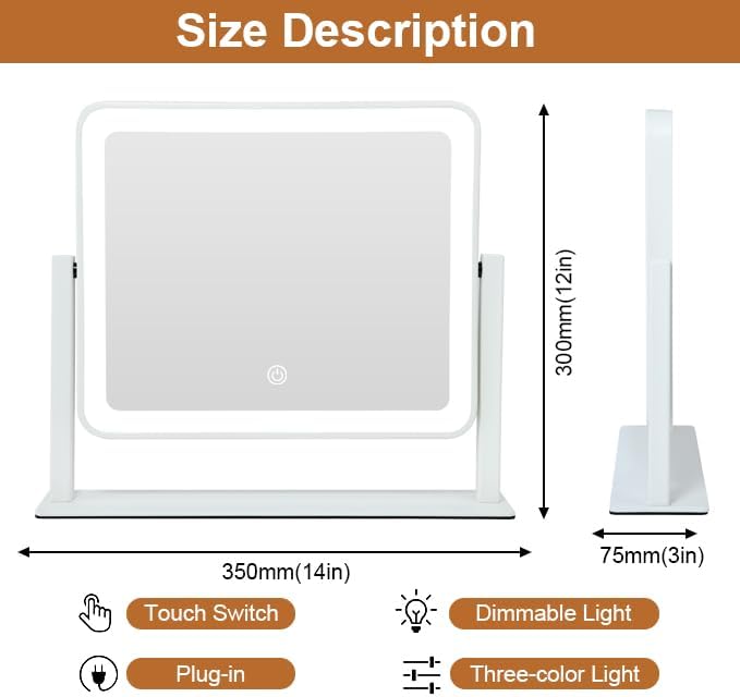 Rechargeable Vanity Mirror with Lights, 14"×12" LED Makeup Mirror, Smart Touch Control, 3 Color Lighting with Adjustable Brightness,Cosmetic Mirror for Bedroom, Vanity Desk, Beauty Routine