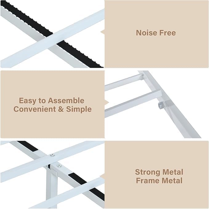 Full Size Bed Frame, Full Bed Frame with Headboard, Industrial Style Bed Frame Full Size with Wooden Footboard, No Box Spring Needed, Noise-Free, Easy Assembly, White Brown