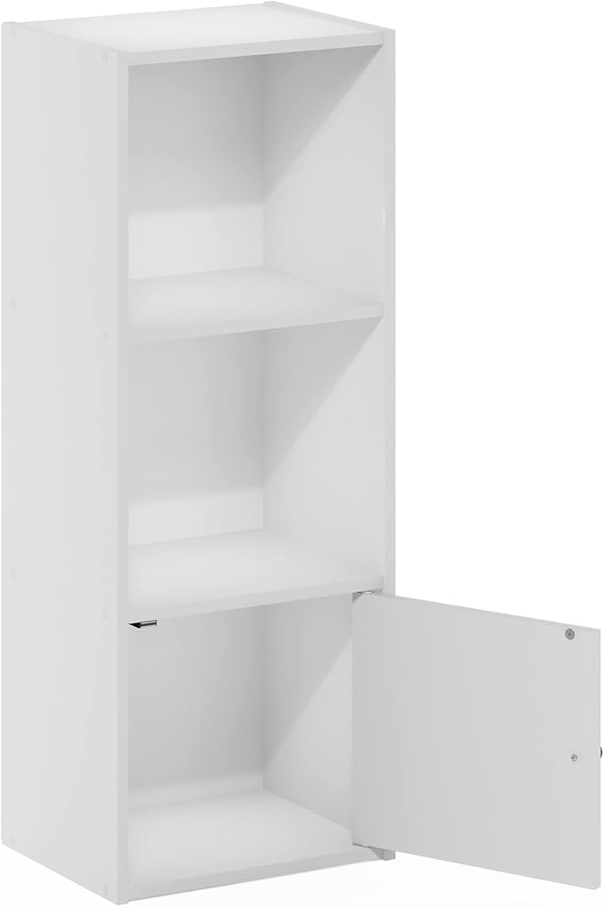 Furinno LUDER Book Shelf, 3-Tier Modern Bookshelf, Bookcase with 1 Door Storage Cabinet, 9.3 x 12 x 31.5, for Living Room, Bedroom, Home Office, White