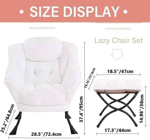 Tiita Lazy Chair with Ottoman, Modern Large Accent Lounge Armchair, Comfy Leisure Sofa Reading Chair with Footrest for Bedroom, Living Room, Dorm Rooms, Garden and Courtyard, Plush White
