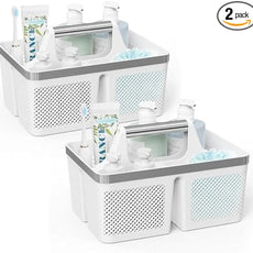 2Pack Shower Caddy Dorm: Portable Bathroom Caddy Organizer with Handle and Holes, Plastic Cleaning Caddy, Hard Shower Basket Storage Tote for Toiletry, College Dorm Room Essentials White/Silver