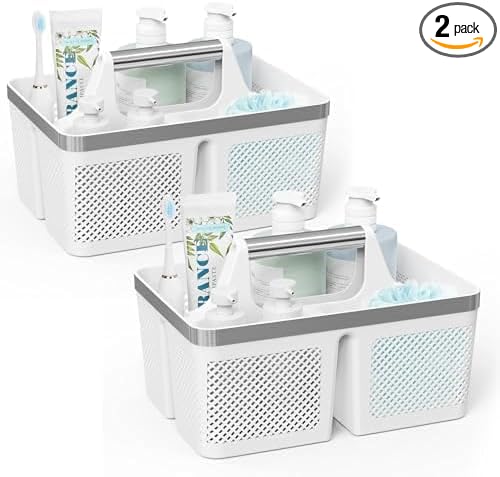 2Pack Shower Caddy Dorm: Portable Bathroom Caddy Organizer with Handle and Holes, Plastic Cleaning Caddy, Hard Shower Basket Storage Tote for Toiletry, College Dorm Room Essentials White/Silver