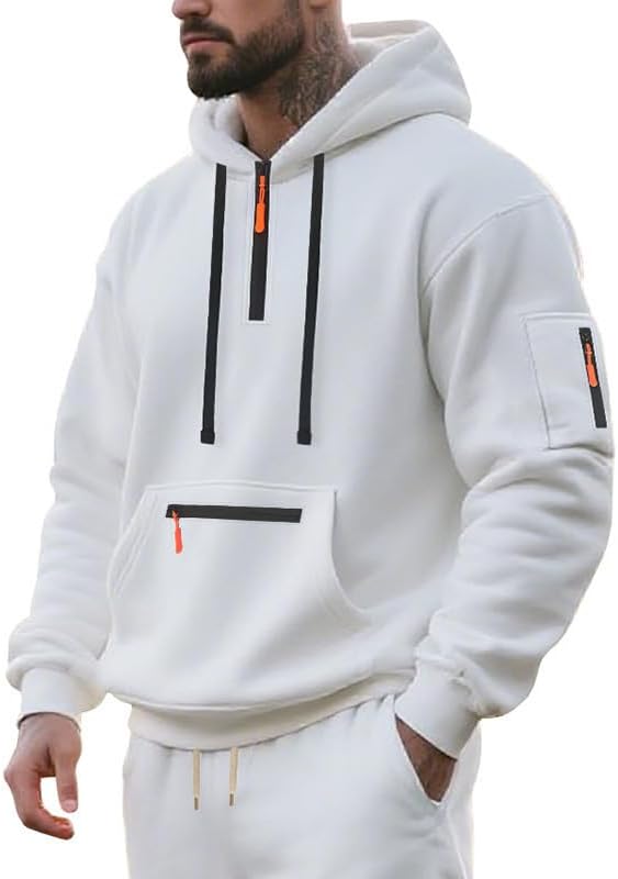 Men's Hooded Sweatshirt - Quarter Zip Pullover with Pockets Autumn Winter Casual Wear for Vacations