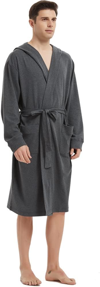 HOLOVE Men's Pure Cotton Bathrobe Lightweight Kimono and Hooded Spa Robes Soft Sleepwear
