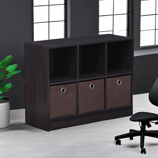 Furinno BASIC Book Shelf, 6-Cube Bookshelf, 3 x 2 Bookcase with Storage Bins, 11.9 x 31.6 x 23.6, for Living Room, Bedroom, Home Office, Dark Walnut