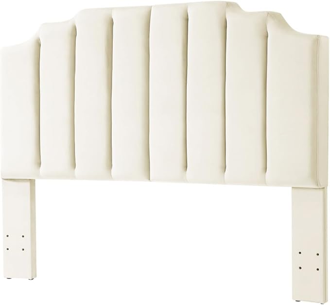 24KF Cream Velvet Tufted Queen Upholstered Headboard, Modern Vertical Channel Design California Queen/Full Headboard with Stepped Silhouette Top Edge,Cream