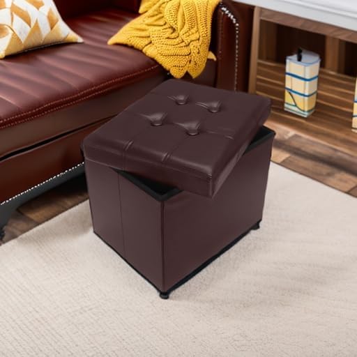 AmasSmile Storage Ottoman Folding Foot Rest Stool, Leather Footstool Bench, Short Ottoman Stool, Storage Foot Rest Store, Books (Brown, 17" D x 13" W x 13" H)