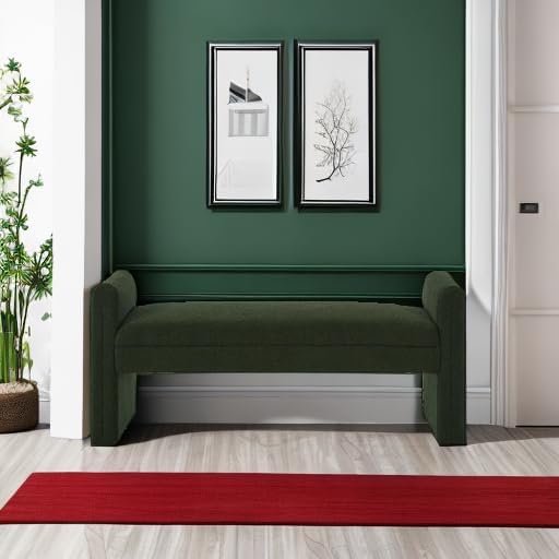 24KF Modern Upholstered Bed Bench Covered with Soft Boucle Teddy Fabric, Lovely Entryway Bench Ottoman with Armrest,5062-Dark Green