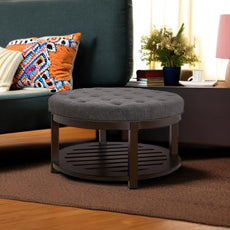 24KF Large Round Upholstered Tufted Linen Ottoman Coffee Table, Large Footrest Ottoman with Wood Shelf Storage,Dark Gray