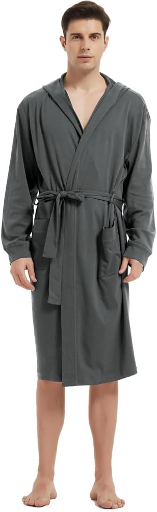 HOLOVE Men's Pure Cotton Bathrobe Lightweight Kimono and Hooded Spa Robes Soft Sleepwear