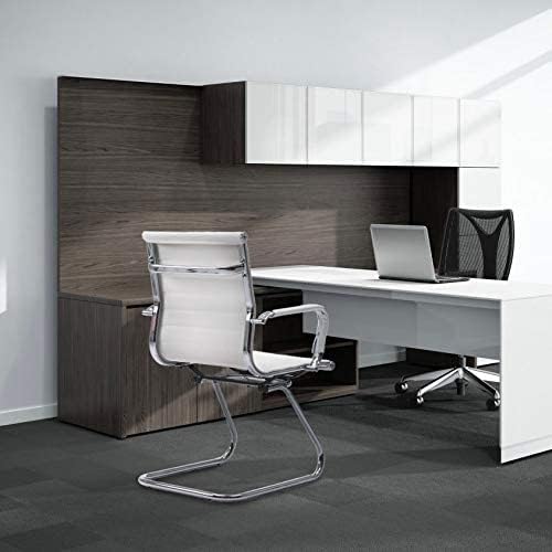 White Office Desk Chair No Wheels Set of 8 PU Leather Computer Chairs Mid Back Guest Chairs for School Reception Conference Waiting Room, White