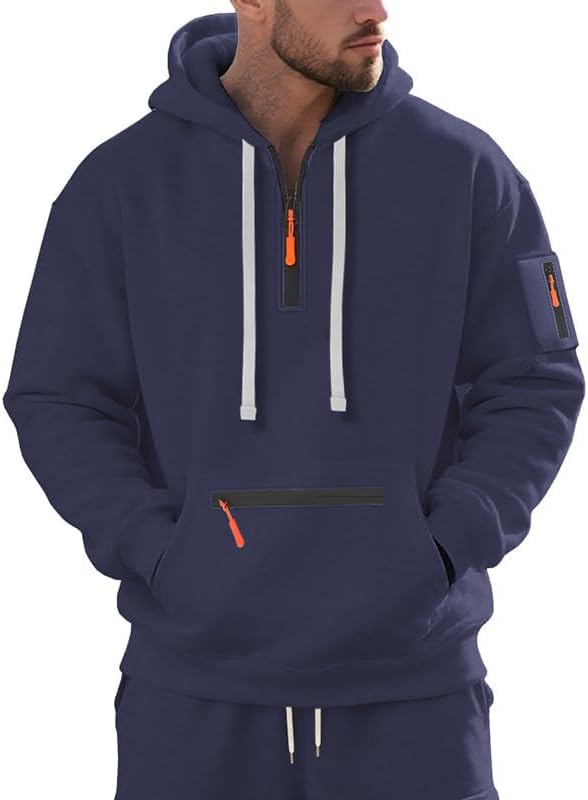 Men's Hooded Sweatshirt - Quarter Zip Pullover with Pockets Autumn Winter Casual Wear for Vacations