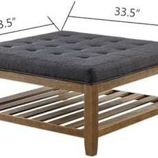 24KF Large Square Upholstered Tufted Linen Ottoman Coffee Table, Large Footrest Ottoman with Solid Wood Shelf- Charcoal