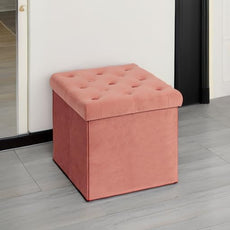 B FSOBEIIALEO Storage Ottoman Cube, Velvet Tufted Folding Ottomans with Lid, Footstool Rest Padded Seat for Bedroom (Warm Red, Medium)
