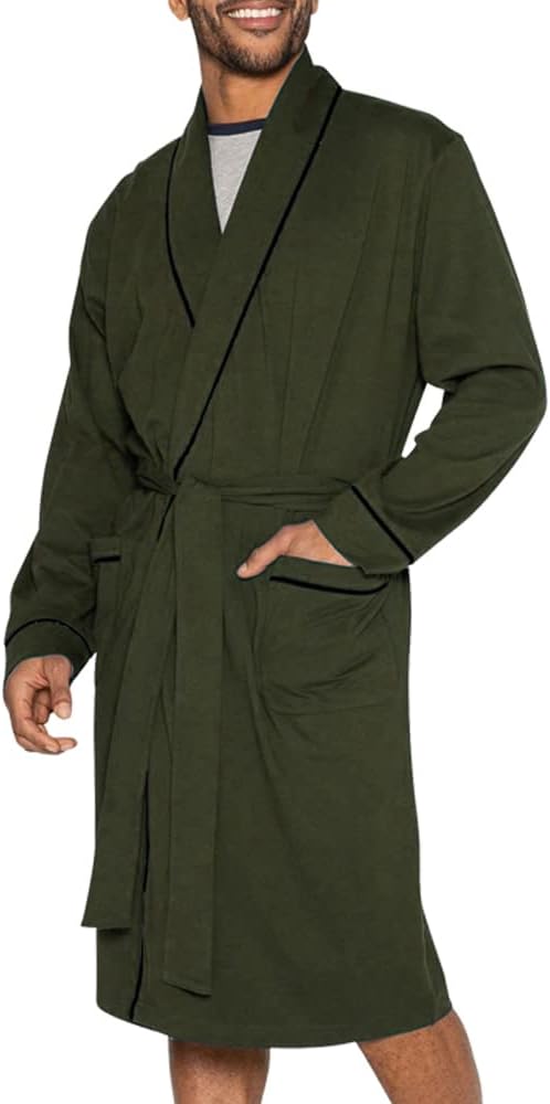 HOLOVE Men's Pure Cotton Bathrobe Lightweight Kimono and Hooded Spa Robes Soft Sleepwear