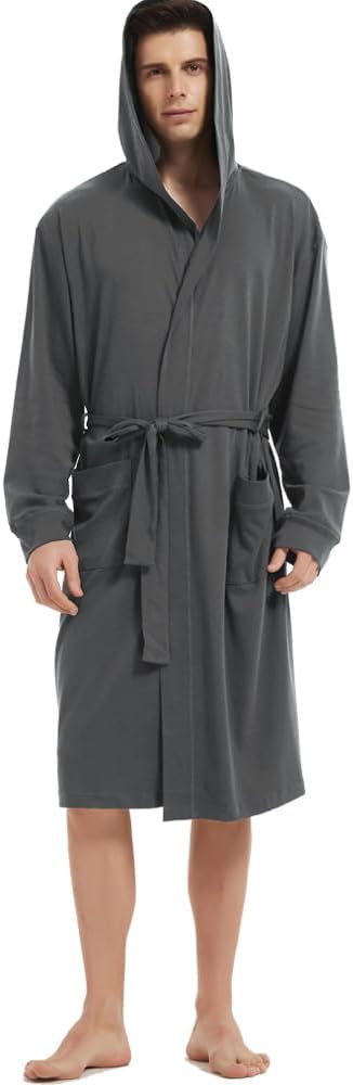 HOLOVE Men's Pure Cotton Bathrobe Lightweight Kimono and Hooded Spa Robes Soft Sleepwear