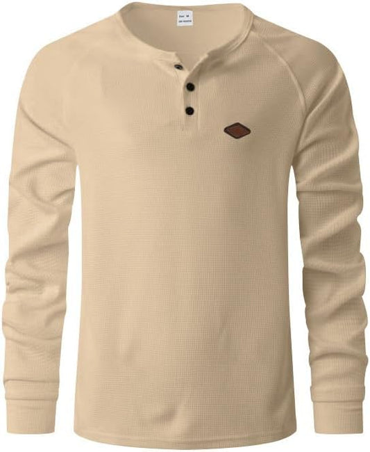 Men's Warm Waffle Top - 1/4 Button Round Neck Solid Color Casual Sweatshirt for Daily Vacation Wear