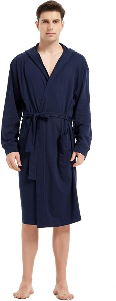HOLOVE Men's Pure Cotton Bathrobe Lightweight Kimono and Hooded Spa Robes Soft Sleepwear