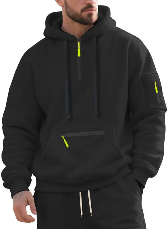 Men's Hooded Sweatshirt - Quarter Zip Pullover with Pockets Autumn Winter Casual Wear for Vacations