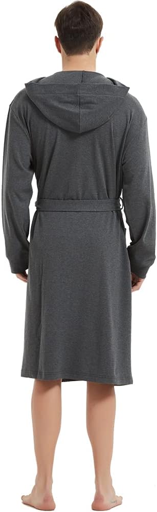 HOLOVE Men's Pure Cotton Bathrobe Lightweight Kimono and Hooded Spa Robes Soft Sleepwear