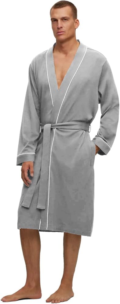 HOLOVE Men's Pure Cotton Bathrobe Lightweight Kimono and Hooded Spa Robes Soft Sleepwear