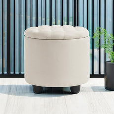 Furniliving Modern Round Storage Ottoman,Button Tufted Ottoman Foot Stools Ottoman Footstool with Removable Lid Storage Ottoman for Living Room, Bedroom, Makeup Room，Beige