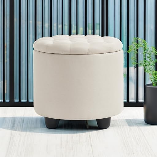 Furniliving Modern Round Storage Ottoman,Button Tufted Ottoman Foot Stools Ottoman Footstool with Removable Lid Storage Ottoman for Living Room, Bedroom, Makeup Room，Beige