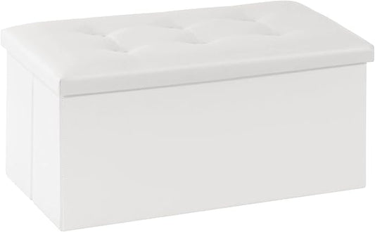 Youdesure White Folding Storage Ottoman Bench, Faux Leather Footrest for Living Room, Ottoman with Storage Padded Seat for Bedroom, Holds up to 350lbs