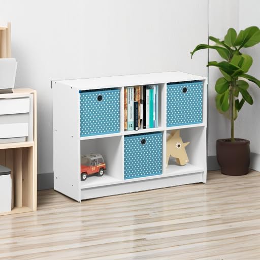 Furinno BASIC Book Shelf, 6-Cube Bookshelf, 3 x 2 Bookcase with Storage Bins, 11.9 x 31.6 x 23.6, for Living Room, Bedroom, Home Office, White/Light Blue