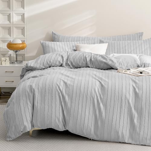 JELLYMONI Duvet Cover King Size Light Grey - 3PCS Boho Striped Duvet Cover Set Polyester Tufted Bohemian Textured Comforter Cover 104×90in with Corner Ties & Zipper and 2 Pillowcases