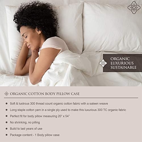 BIOWEAVES 100% Organic Cotton Body Pillow Cover for Body Pillowcases 300 Thread Count Soft Sateen Weave GOTS Certified with Zipped Closure - 21" x 54", White