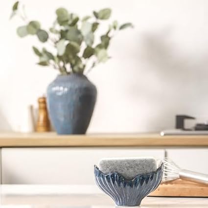 Sponge Holder for Kitchen Sink, Ceramic Sponge Holder with Fishtail Design, Sink Sponge Holders Caddy Organizer for Countertop, Farmhouse Kitchen Decor, Compact Sponge Holders(Blue)