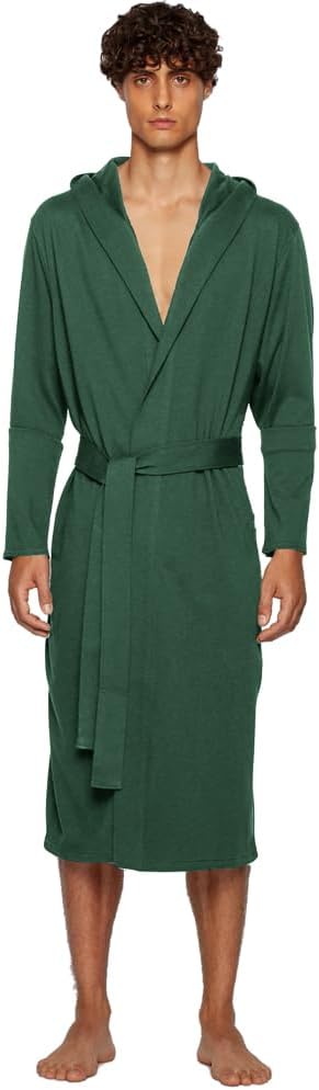 HOLOVE Men's Pure Cotton Bathrobe Lightweight Kimono and Hooded Spa Robes Soft Sleepwear