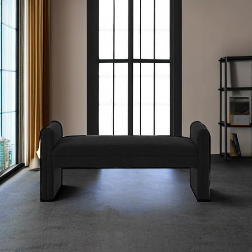 24KF Modern Upholstered Bed Bench Covered with Soft Boucle Teddy Fabric, Lovely Entryway Bench Ottoman with Armrest, 5062-Black
