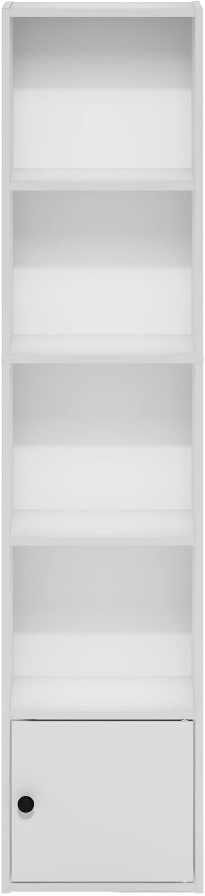 Furinno LUDER Book Shelf, 5-Tier Modern Bookshelf, Bookcase with 1 Door Storage Cabinet, 9.3 x 12 x 52, for Living Room, Bedroom, Home Office, White