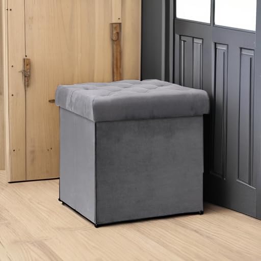 B FSOBEIIALEO Storage Ottoman Cube, Velvet Tufted Folding Ottomans with Lid, Footstool Rest Padded Seat for Bedroom (Grey, Medium)