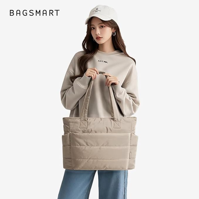 BAGSMART Tote Bag for Women, Lightweight Puffy Tote Bag with Compartments Shoulder Bag Handbag for Travel, Work, Gym