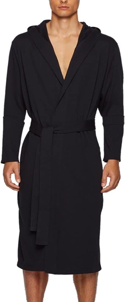 HOLOVE Men's Pure Cotton Bathrobe Lightweight Kimono and Hooded Spa Robes Soft Sleepwear